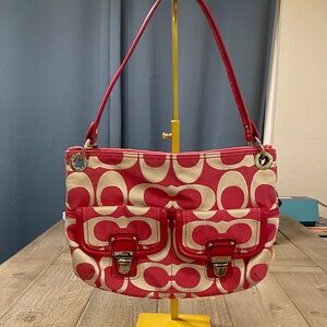 Coach Signature Dark Pink, Light Grey & Silver Handbag.